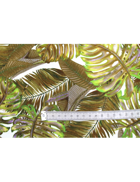 Tissu Gabardine Viscose Imprimé Fond Blanc Palm Kaki de Qualité, Tissu au mètre, Tissu pas cher - Alltissus.com