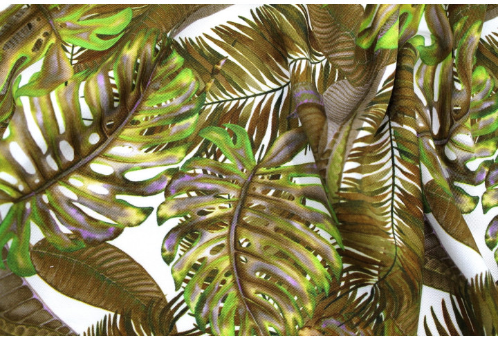 Tissu Gabardine Viscose Imprimé Fond Blanc Palm Kaki de Qualité, Tissu au mètre, Tissu pas cher - Alltissus.com
