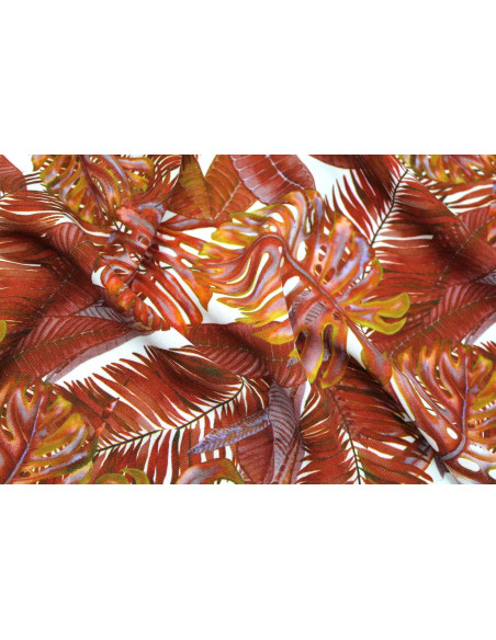 Tissu Gabardine Viscose Imprimé Fond Blanc Palm Choco de Qualité, Tissu au mètre, Tissu pas cher - Alltissus.com