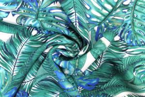 Tissu Gabardine Viscose Imprimé Fond Blanc Palm Bleu Vert de Qualité, Tissu au mètre, Tissu pas cher - Alltissus.com