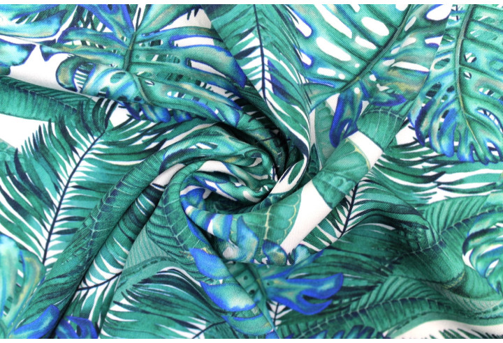Tissu Gabardine Viscose Imprimé Fond Blanc Palm Bleu Vert de Qualité, Tissu au mètre, Tissu pas cher - Alltissus.com