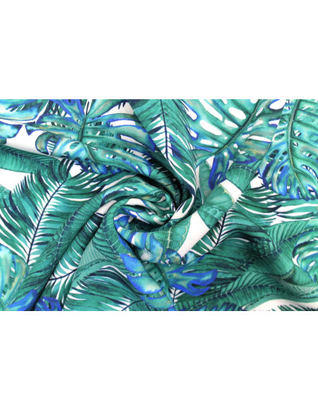 Tissu Gabardine Viscose Imprimé Fond Blanc Palm Bleu Vert de Qualité, Tissu au mètre, Tissu pas cher - Alltissus.com