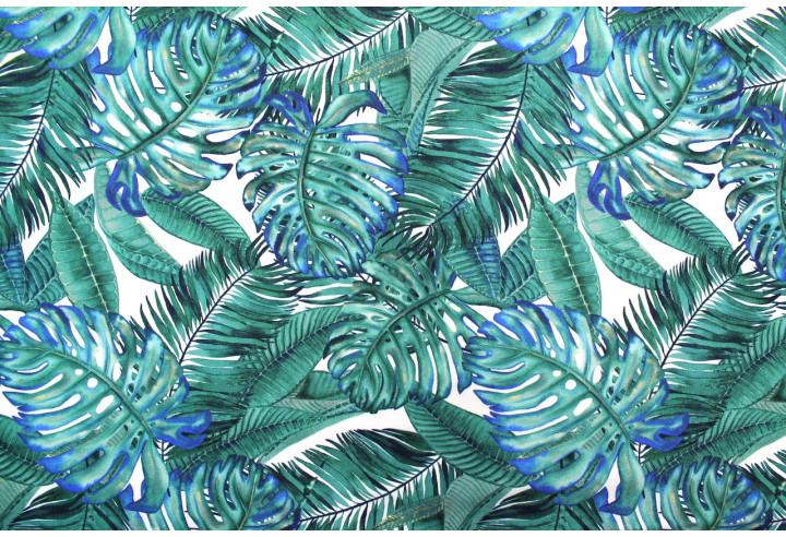 Tissu Gabardine Viscose Imprimé Fond Blanc Palm Bleu Vert de Qualité, Tissu au mètre, Tissu pas cher - Alltissus.com