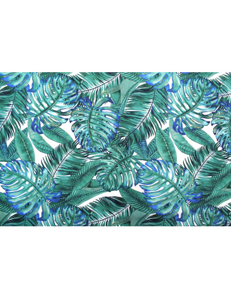 Tissu Gabardine Viscose Imprimé Fond Blanc Palm Bleu Vert de Qualité, Tissu au mètre, Tissu pas cher - Alltissus.com