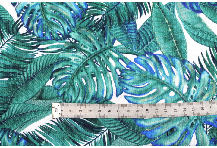 Tissu Gabardine Viscose Imprimé Fond Blanc Palm Bleu Vert de Qualité, Tissu au mètre, Tissu pas cher - Alltissus.com