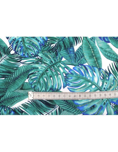 Tissu Gabardine Viscose Imprimé Fond Blanc Palm Bleu Vert de Qualité, Tissu au mètre, Tissu pas cher - Alltissus.com