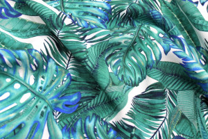 Tissu Gabardine Viscose Imprimé Fond Blanc Palm Bleu Vert de Qualité, Tissu au mètre, Tissu pas cher - Alltissus.com 2