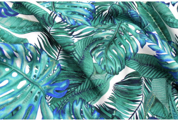 Tissu Gabardine Viscose Imprimé Fond Blanc Palm Bleu Vert de Qualité, Tissu au mètre, Tissu pas cher - Alltissus.com