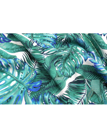 Tissu Gabardine Viscose Imprimé Fond Blanc Palm Bleu Vert de Qualité, Tissu au mètre, Tissu pas cher - Alltissus.com