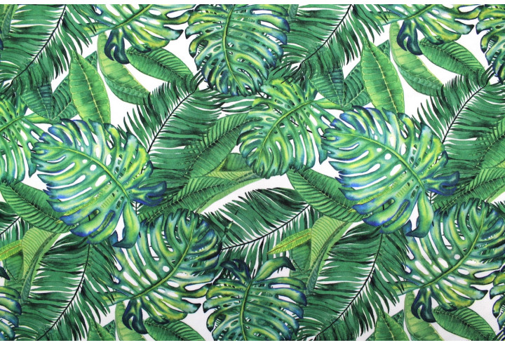 Tissu Gabardine Viscose Imprimé Fond Blanc Palm Vert de Qualité, Tissu au mètre, Tissu pas cher - Alltissus.com
