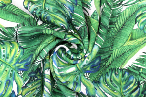 Tissu Gabardine Viscose Imprimé Fond Blanc Palm Vert de Qualité, Tissu au mètre, Tissu pas cher - Alltissus.com