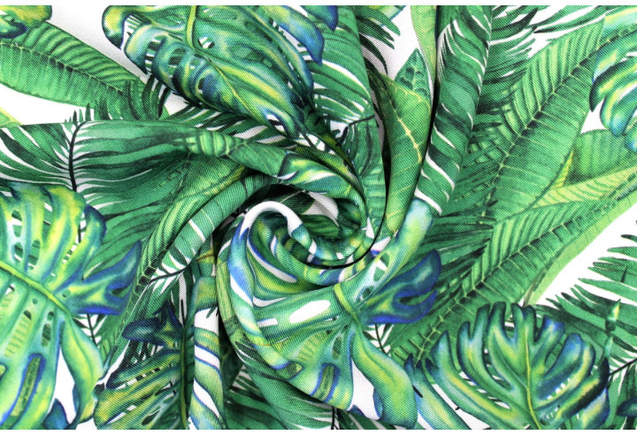 Tissu Gabardine Viscose Imprimé Fond Blanc Palm Vert de Qualité, Tissu au mètre, Tissu pas cher - Alltissus.com