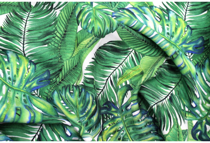 Tissu Gabardine Viscose Imprimé Fond Blanc Palm Vert de Qualité, Tissu au mètre, Tissu pas cher - Alltissus.com
