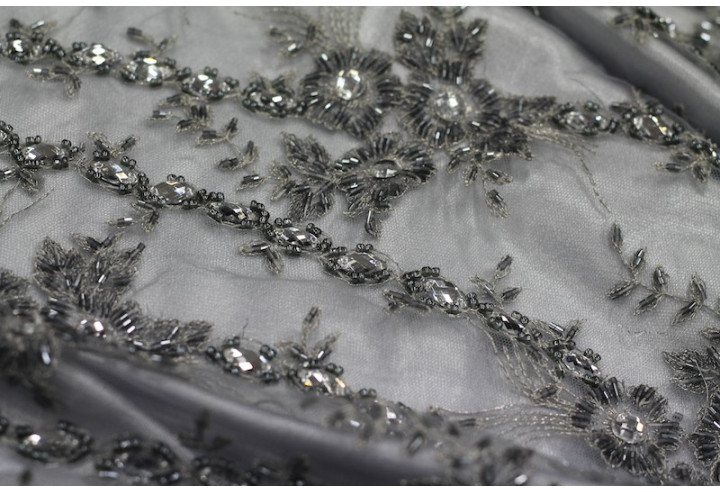 Tissu Tulle Perlé Gris -Coupon de 3m40