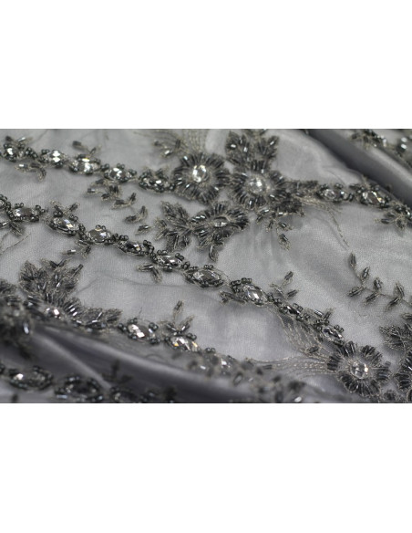 Tissu Tulle Perlé Gris -Coupon de 3m40