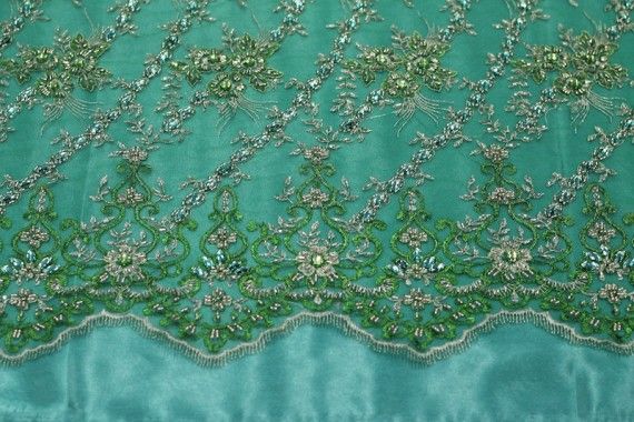 Tissu Tulle Perlé Vert Royal -Coupon de 3m40