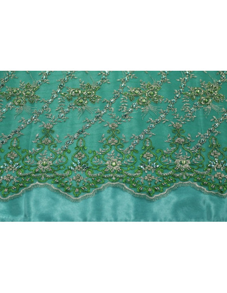 Tissu Tulle Perlé Vert Royal -Coupon de 3m40