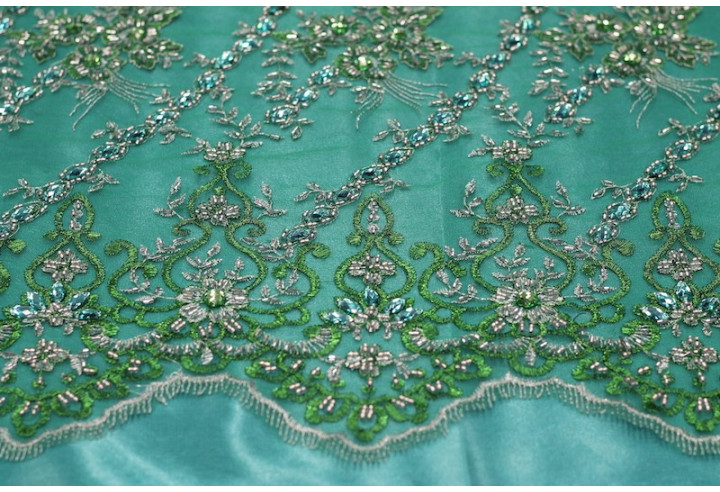 Tissu Tulle Perlé Vert Royal -Coupon de 3m40