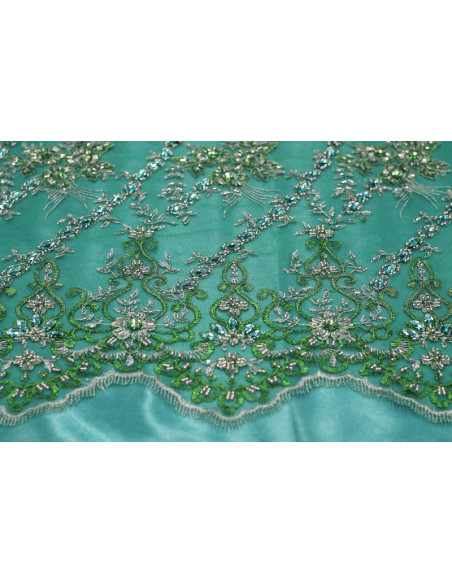 Tissu Tulle Perlé Vert Royal -Coupon de 3m40