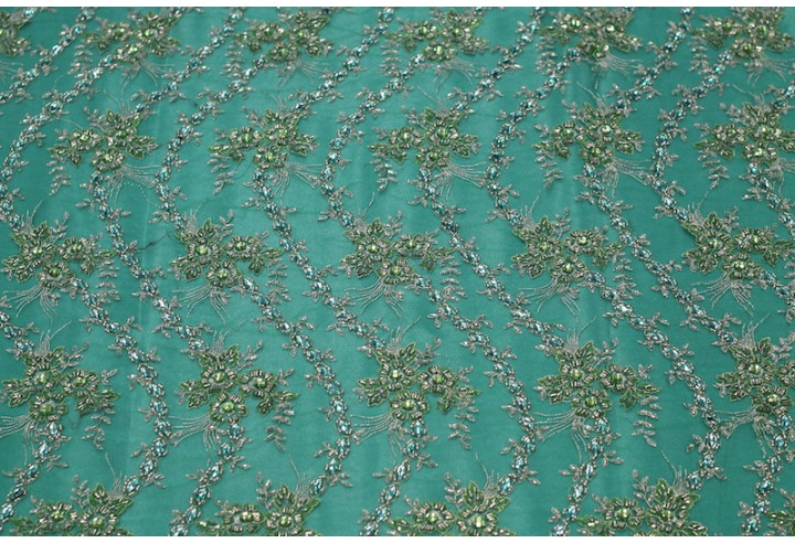 Tissu Tulle Perlé Vert Royal -Coupon de 3m40