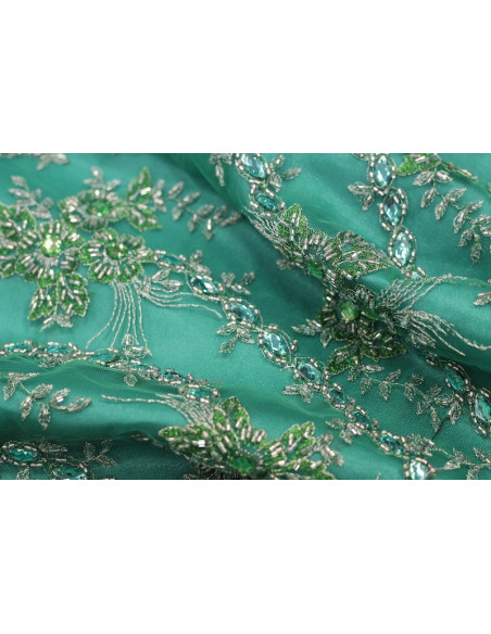 Tissu Tulle Perlé Vert Royal -Coupon de 3m40