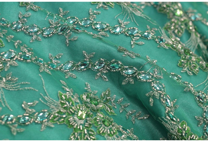 Tissu Tulle Perlé Vert Royal -Coupon de 3m40