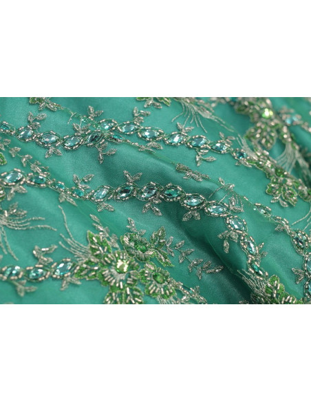Tissu Tulle Perlé Vert Royal -Coupon de 3m40