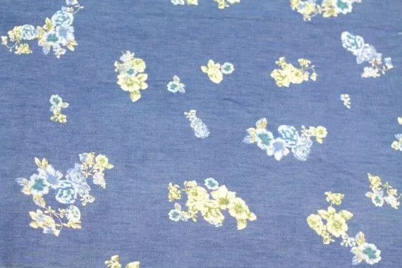 Tissu Chambray imprime Fleuri Bleu -Au Metre