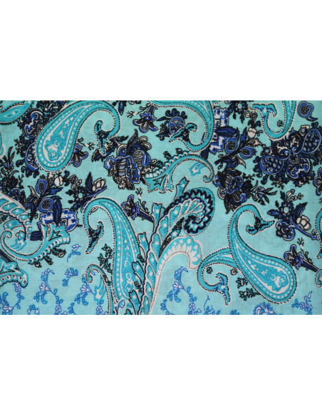 Tissu Viscose Imprimée Cachemire Vintage Turquoise -Au Mètre