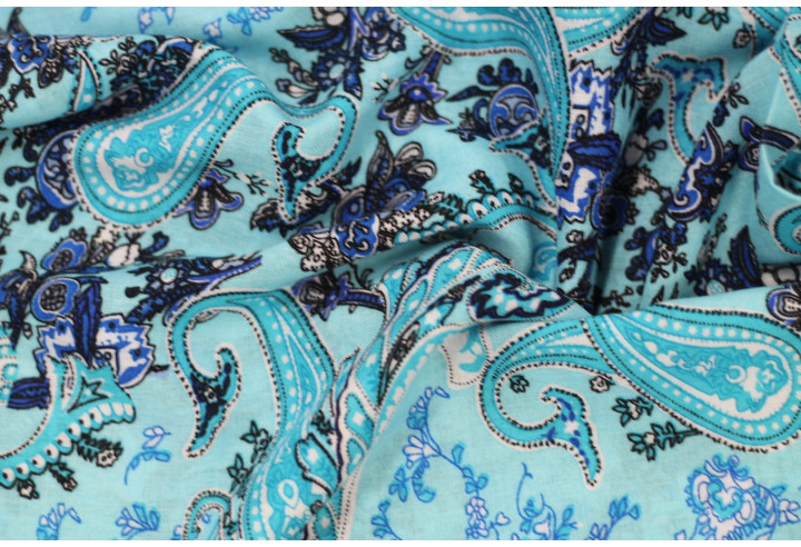 Tissu Viscose Imprimée Cachemire Vintage Turquoise -Au Mètre