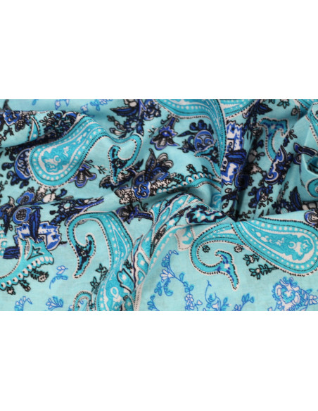 Tissu Viscose Imprimée Cachemire Vintage Turquoise -Au Mètre