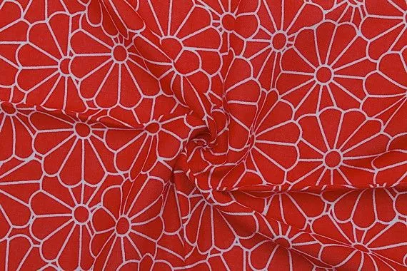 Tissu Viscose Imprimée Marguerite Rouge -Au Mètre