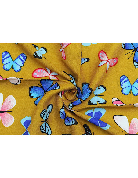 Tissu Viscose Imprimée Papillon Moutarde -Au Mètre