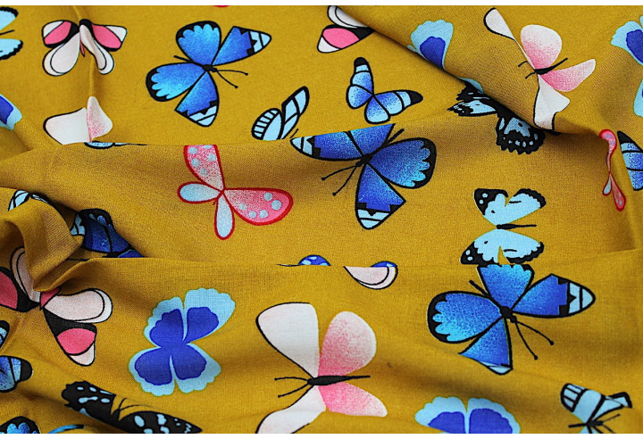 Tissu Viscose Imprimée Papillon Moutarde -Au Mètre