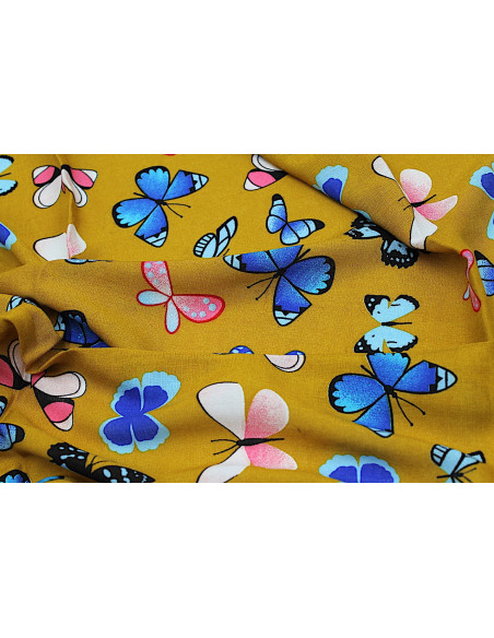 Tissu Viscose Imprimée Papillon Moutarde -Au Mètre