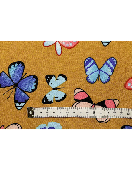 Tissu Viscose Imprimée Papillon Moutarde -Au Mètre