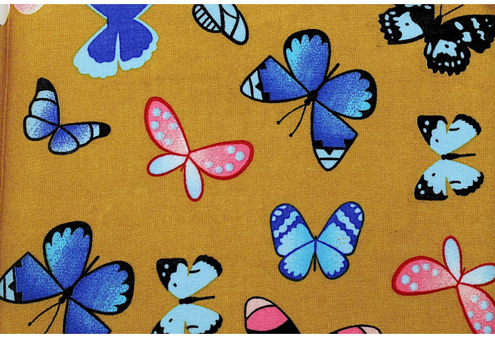 Tissu Viscose Imprimée Papillon Moutarde -Au Mètre