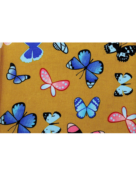 Tissu Viscose Imprimée Papillon Moutarde -Au Mètre