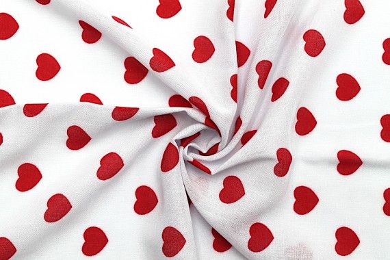 Tissu Viscose Imprimée Blanc Cœur Rouge -Au Mètre