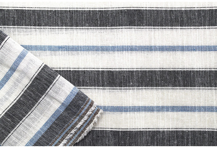 Tissu Lin Viscose Coton Rayure Luna Marine/Ciel -Au Mètre