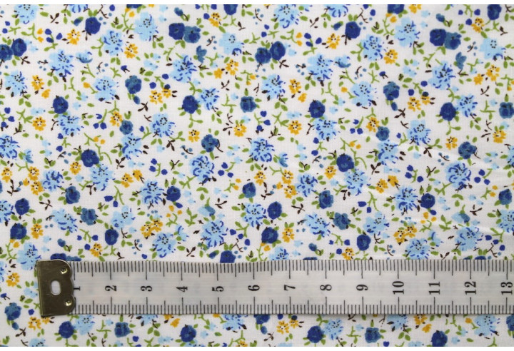 Tissu Popeline Coton Imprimé Coquelicot Bleu -Au Mètre