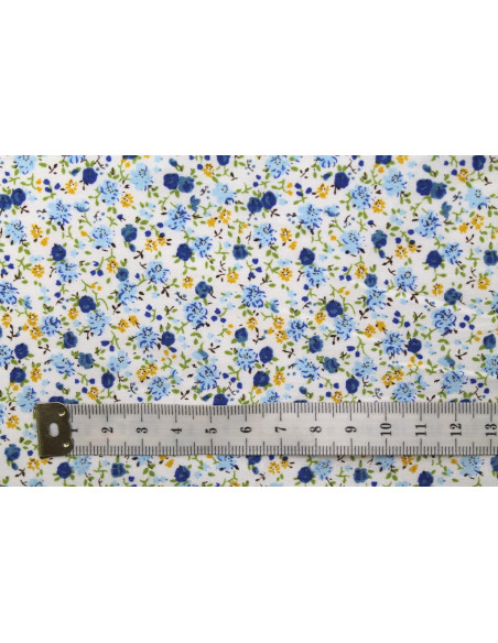 Tissu Popeline Coton Imprimé Coquelicot Bleu -Au Mètre