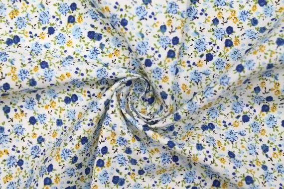 Tissu Popeline Coton Imprimé Coquelicot Bleu -Au Mètre