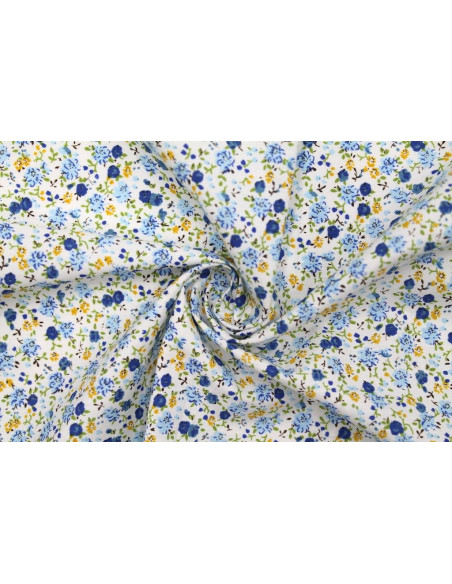 Tissu Popeline Coton Imprimé Coquelicot Bleu -Au Mètre