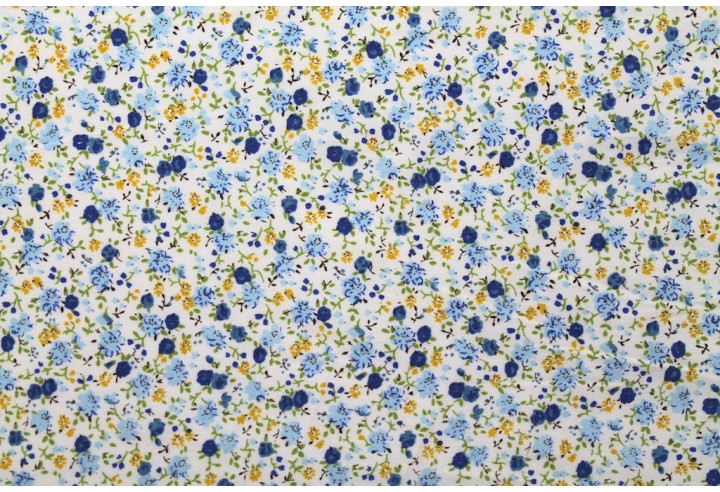 Tissu Popeline Coton Imprimé Coquelicot Bleu -Au Mètre