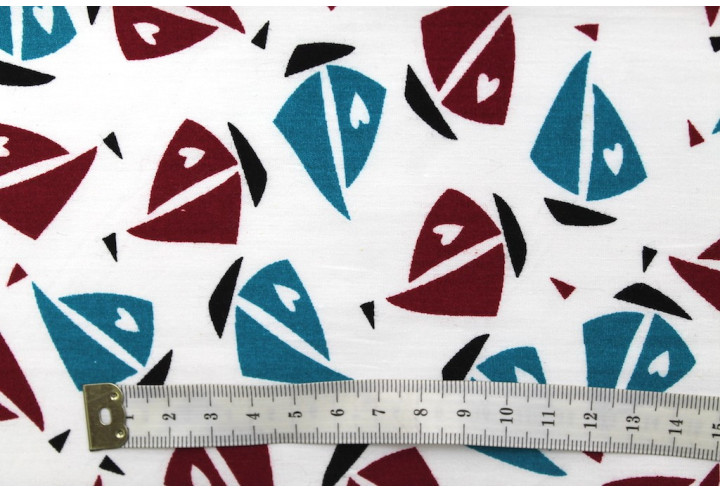 Tissu Popeline Coton Imprimé Voilier Bordeaux/Turquoise -Au Mètre