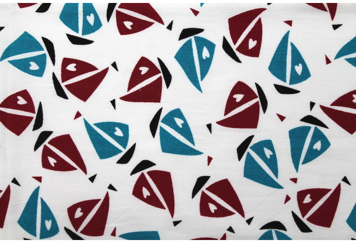 Tissu Popeline Coton Imprimé Voilier Bordeaux/Turquoise -Au Mètre
