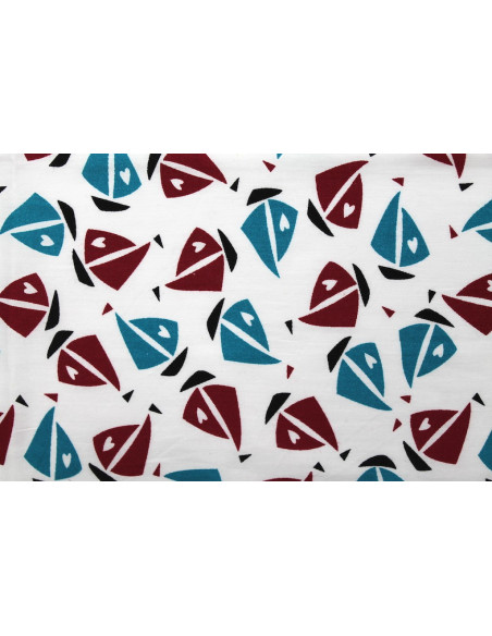 Tissu Popeline Coton Imprimé Voilier Bordeaux/Turquoise -Au Mètre