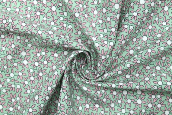Tissu Popeline Coton Imprimé Fleur Narcisse Vert -Au Mètre