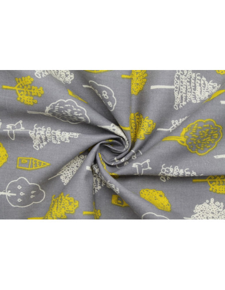 Tissu Popeline Coton Imprimé Arbre Gris -Au Mètre